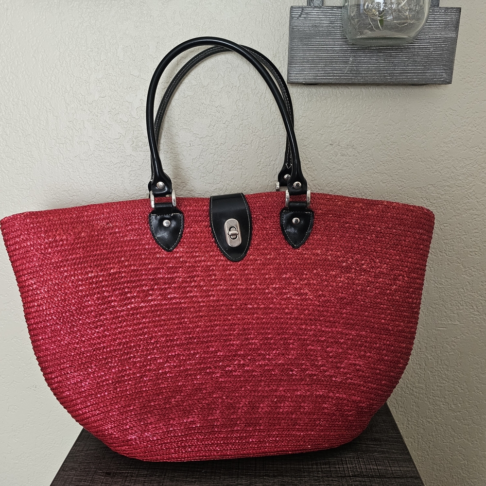 Red Straw Tote with Black Handles - Women Bags Totes